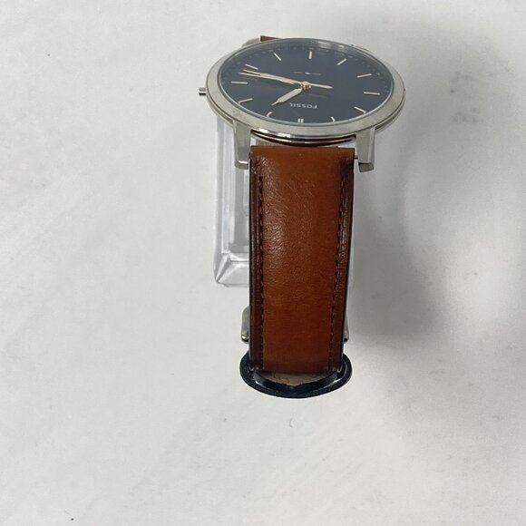 Fossil Minimalist Watch Men MISSING CROWN 44mm Silver Tone Blue Dial Leather - Picture 9 of 16